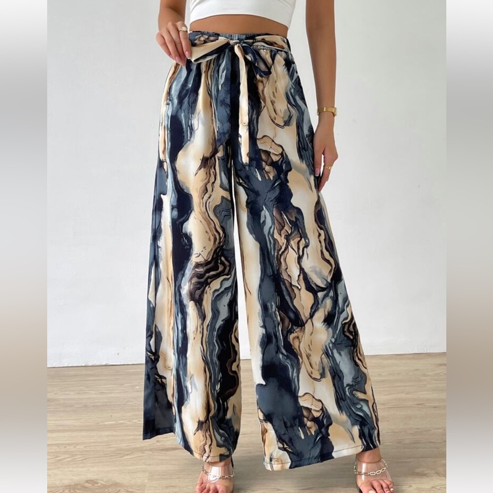 Boho Watercolor Abstract Print High Waist Wide Leg Palazzo Lounge Pants